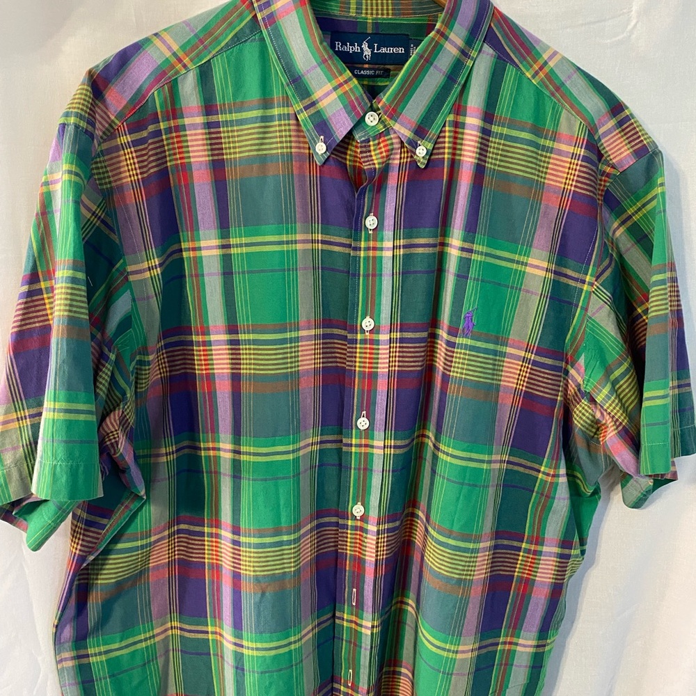 Men’s Polo shirt.Short sleeved. XL.Plaid, green, purple and pink picnic pattern